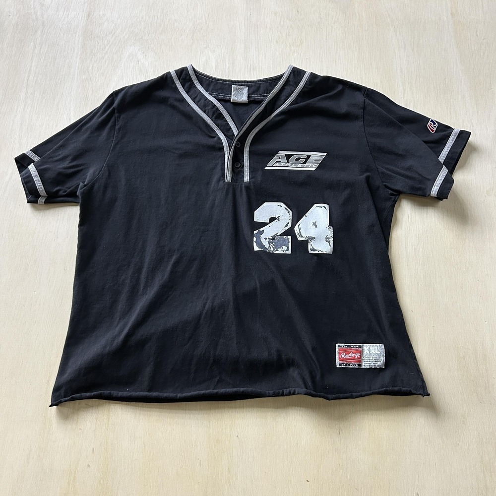 Vintage Rawlings Baseball Jersey Mens 2XL Black Henley 24 Athletic Short‎ Sleeve